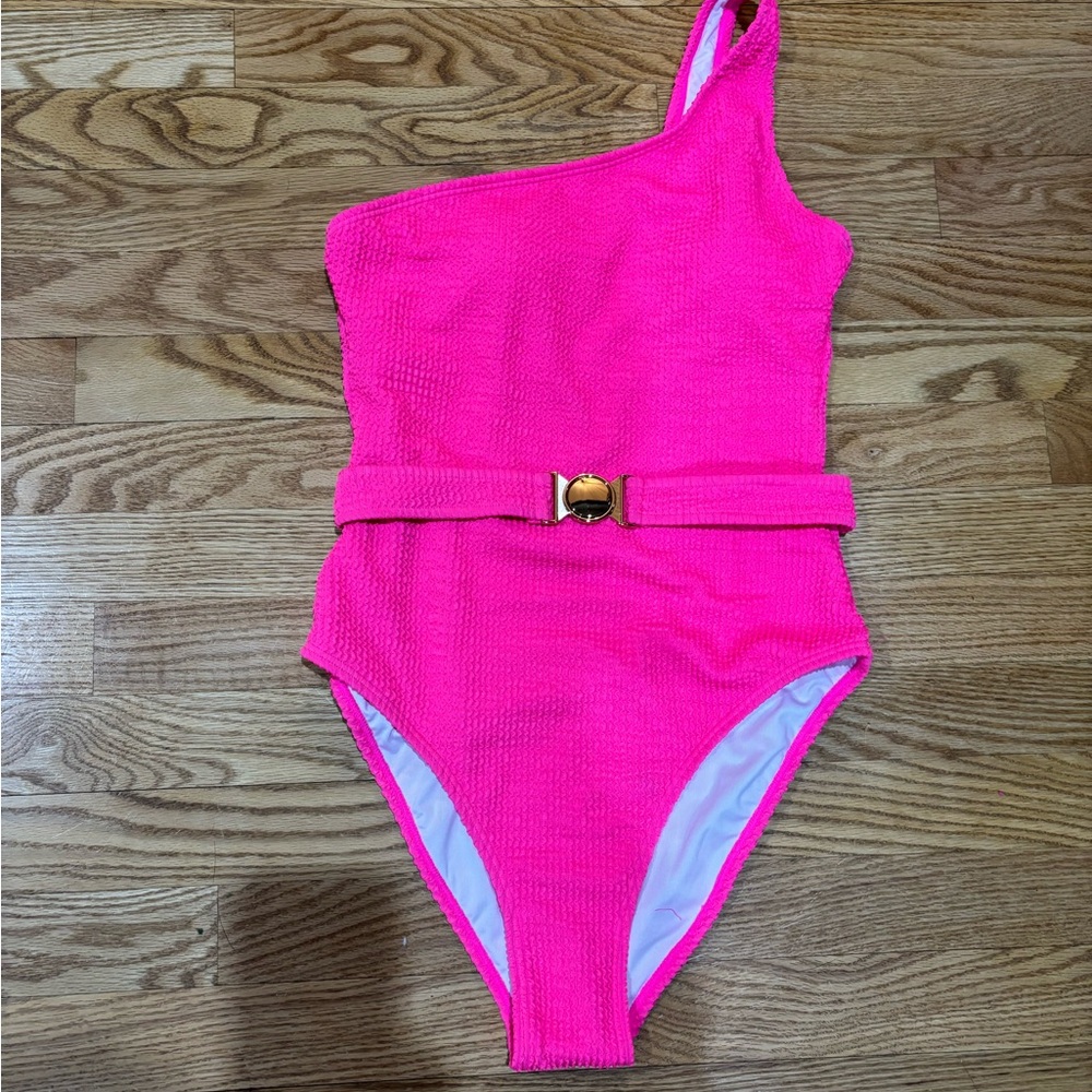 NEW Hot Pink Textured One- Shoulder Swimsuit w/ Belt Sz S - Picture 3 of 7